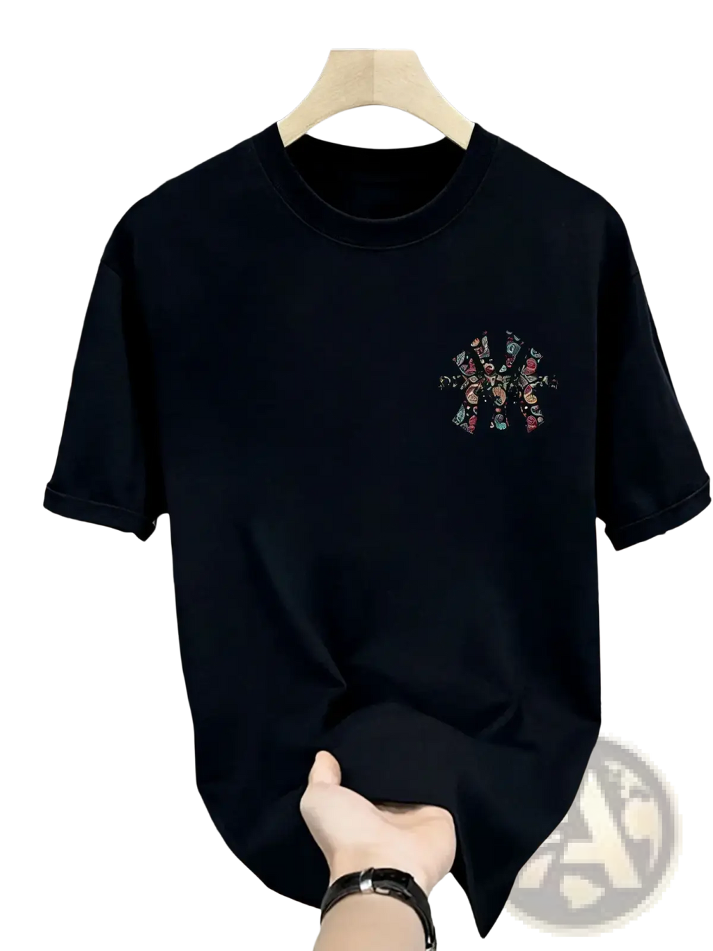 Mens summer printed graphic t shirt in black cotton with a colorful embroidered design on the chest