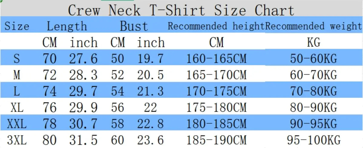 Mens summer printed graphic crew neck t shirt size chart in centimeters and inches for sizes S to 3XL