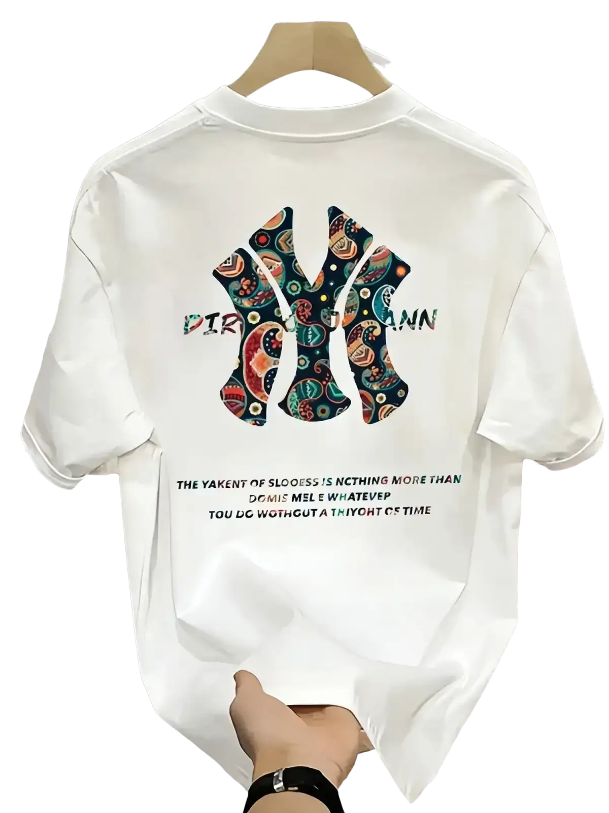 White mens summer printed graphic t shirt with colorful patterned ny logo and dir ann text on front short sleeves