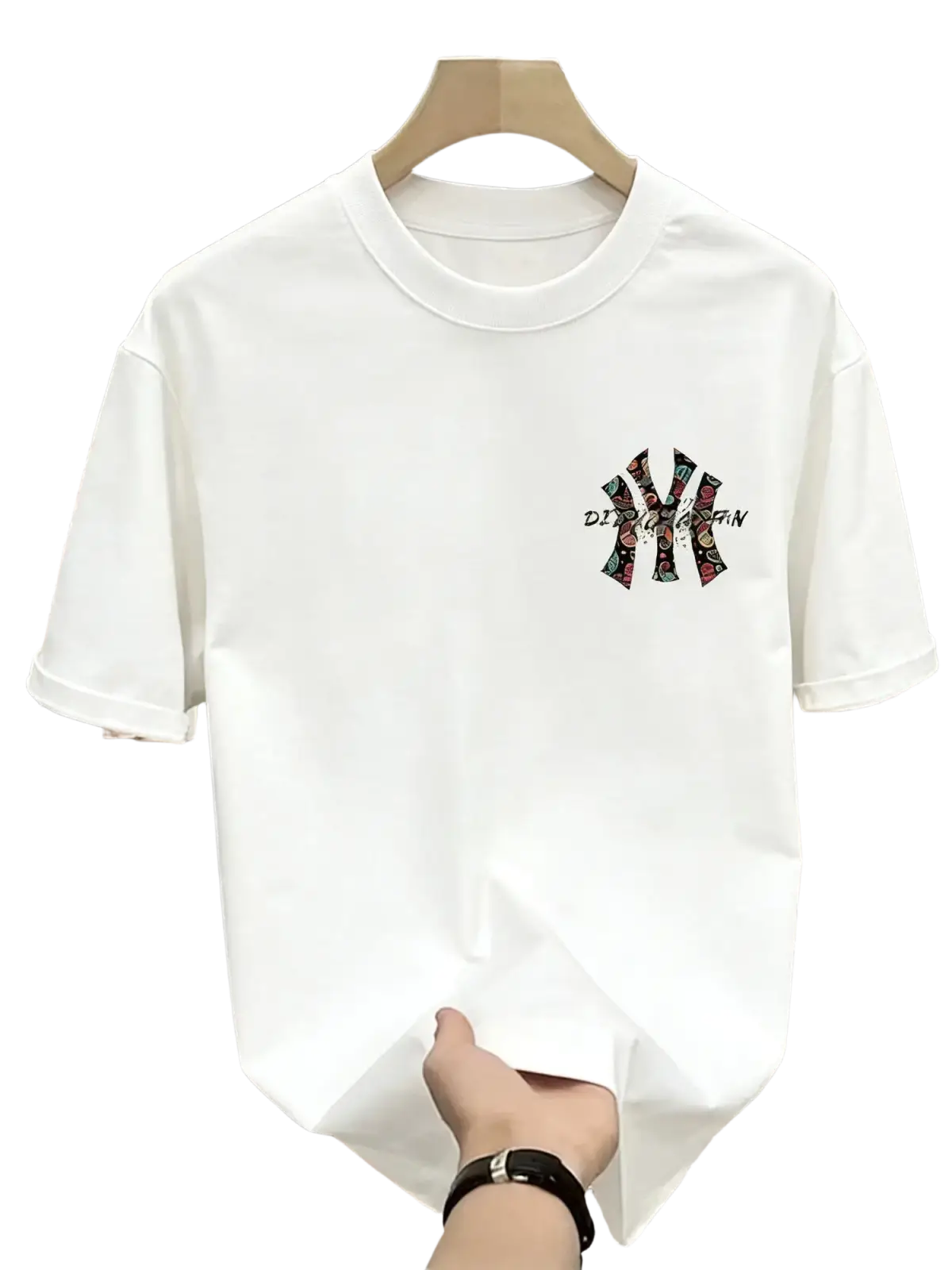 Mens summer printed graphic white short-sleeved t shirt with colorful patterned ny logo on left chest