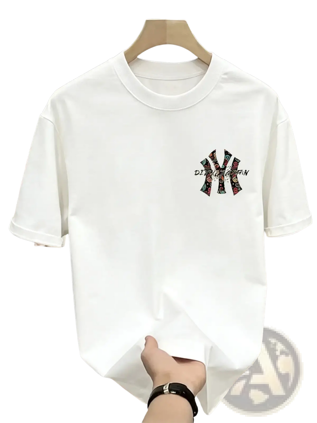 Mens summer printed graphic white short-sleeved t shirt with colorful patterned ny logo on left chest