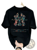 Back view of black mens summer short-sleeved t-shirt with vibrant paisley-patterned New York Yankees logo