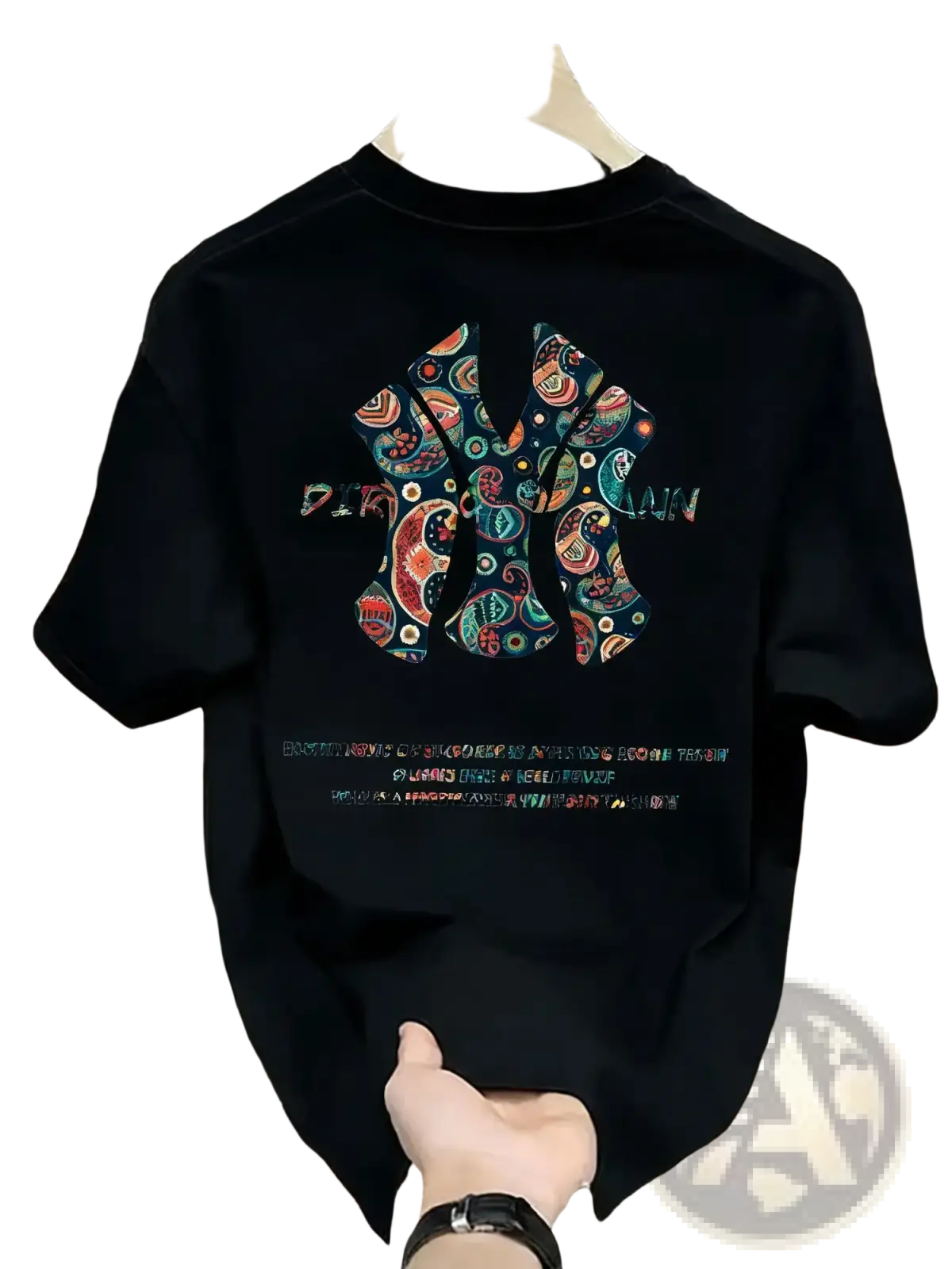 Back view of black mens summer short-sleeved t-shirt with vibrant paisley-patterned New York Yankees logo