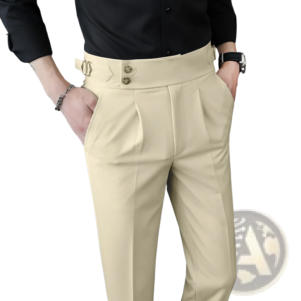 Beige high-waisted men’s summer straight fit business trousers with structured fit and gold-toned button details