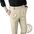 Beige high-waisted men’s summer straight fit business trousers with structured fit and gold-toned button details