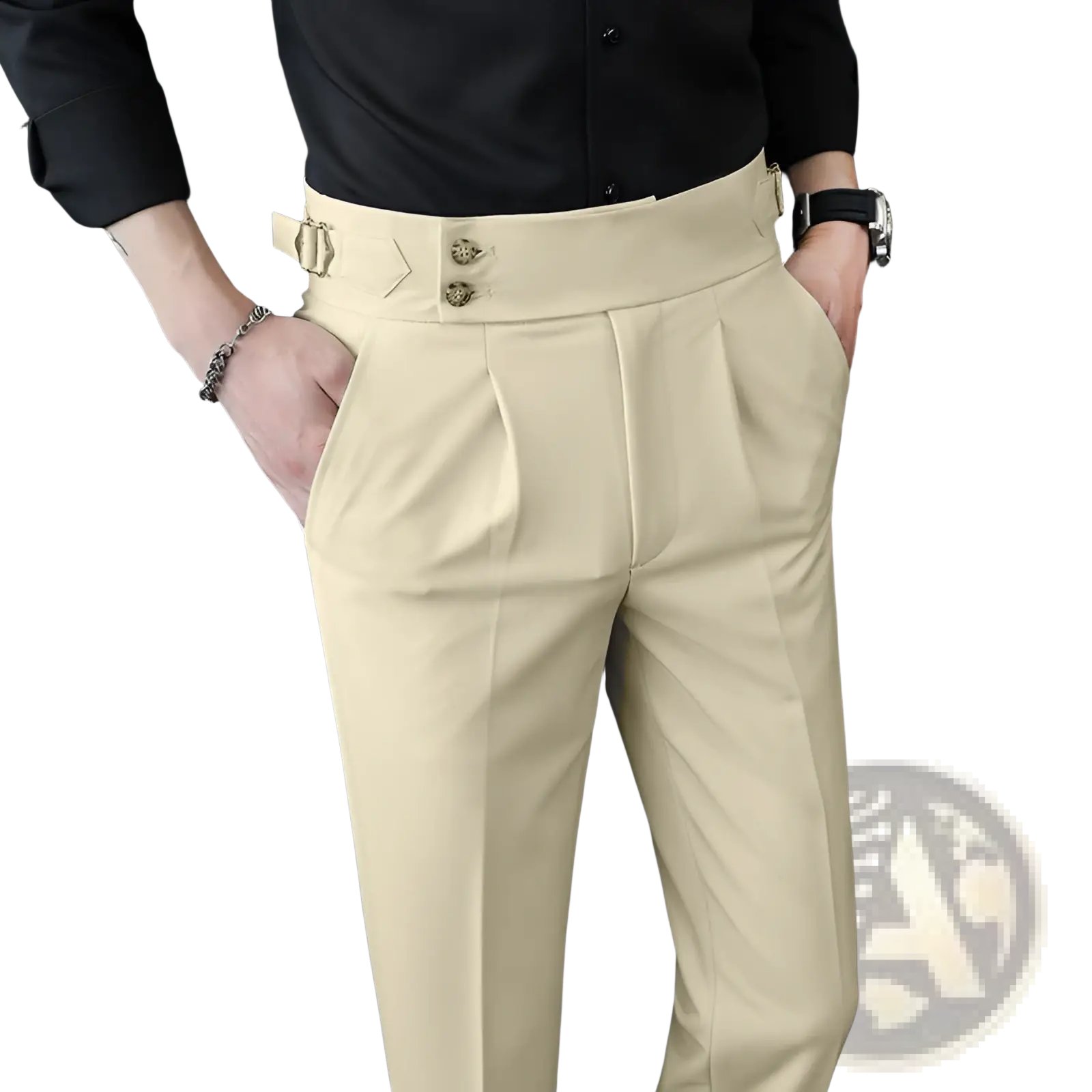 Beige high-waisted men’s summer straight fit business trousers with structured fit and gold-toned button details