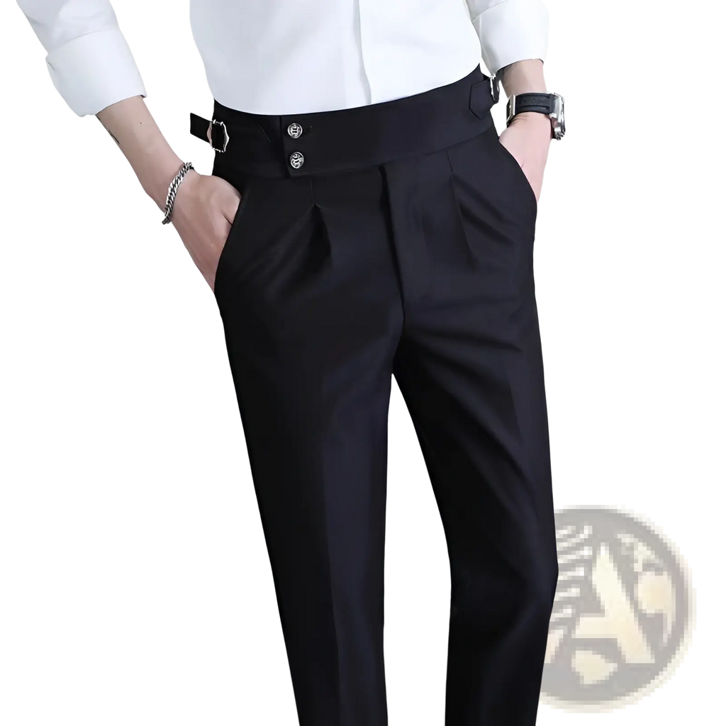 Men’s summer straight fit business pants in black tailored fabric with high waist pleated front and silver buttons