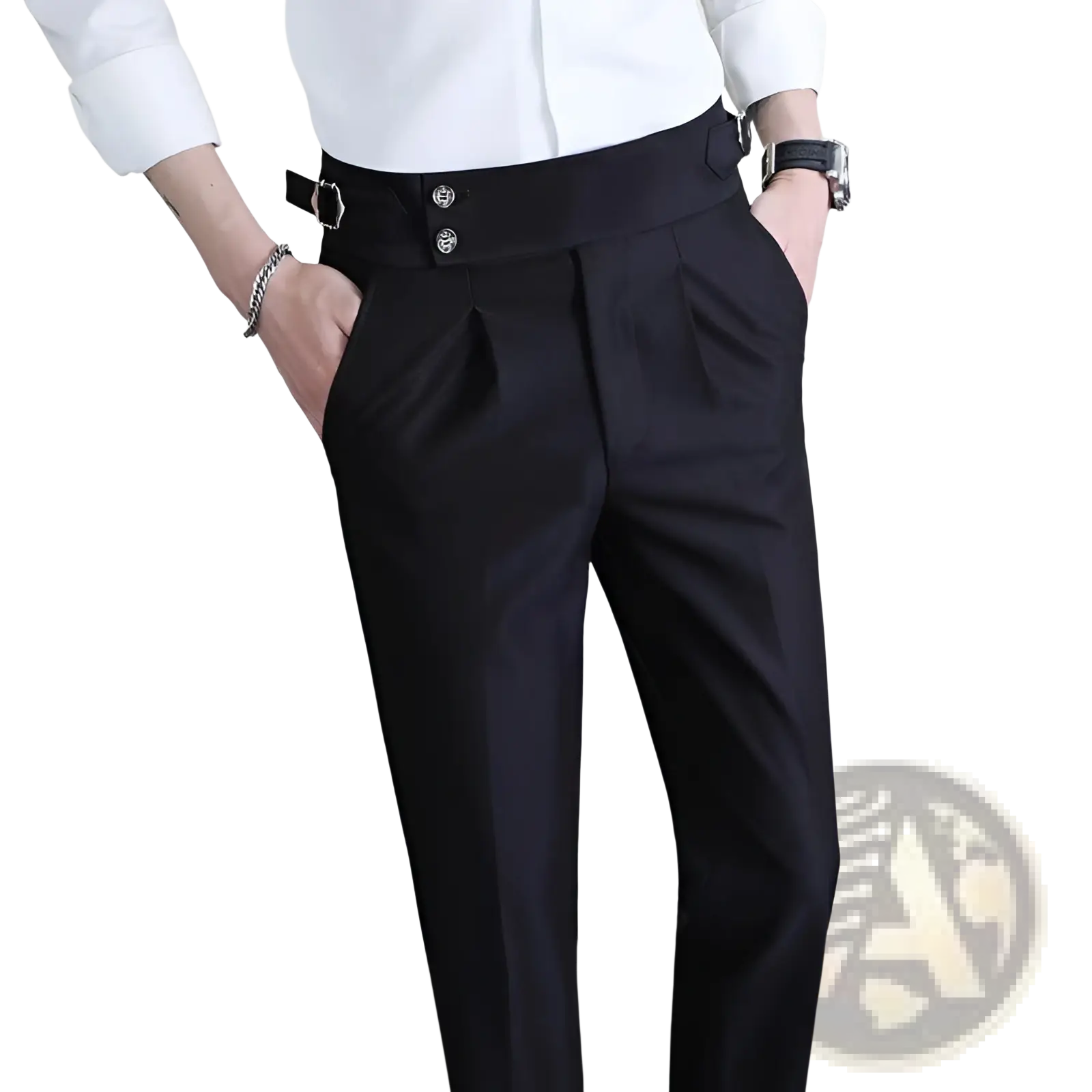 Men’s summer straight fit business pants in black tailored fabric with high waist pleated front and silver buttons