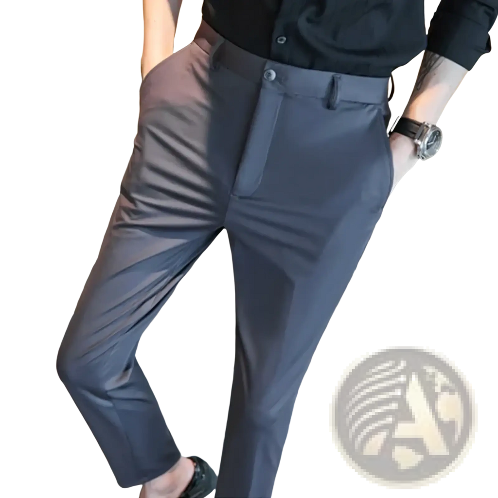 Dark gray men’s summer stretch casual trousers with a sleek modern cut and subtle creases