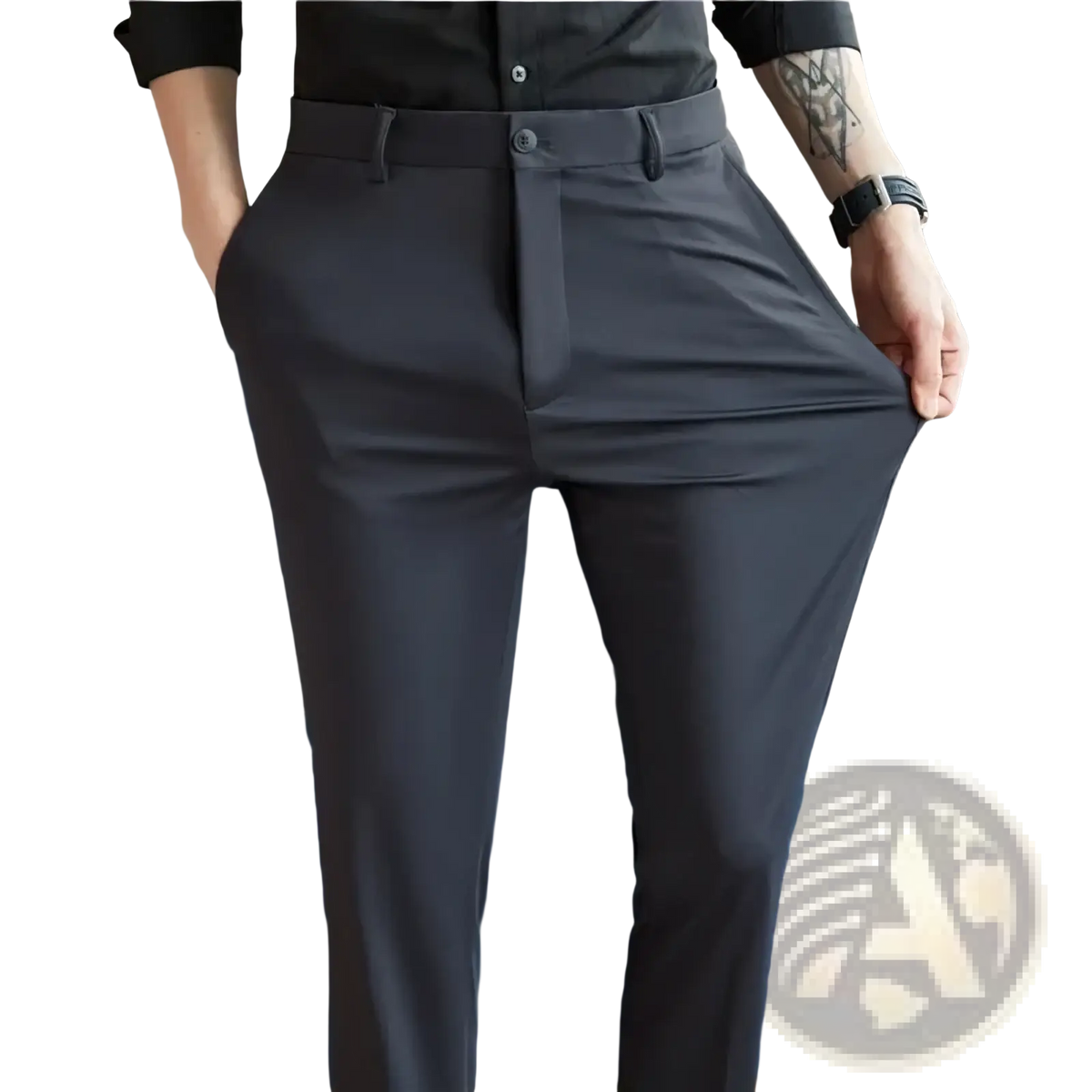 Dark gray slim-fit men’s summer stretch casual trousers with tailored waistband and subtle creases