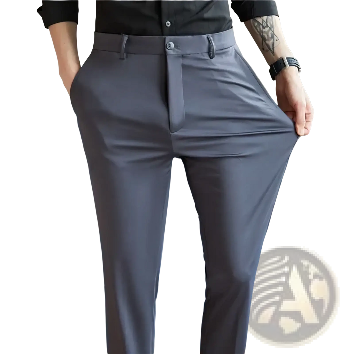 Men’s summer stretch casual trousers in gray with a slim-fit design and subtle stitching details for a modern look