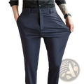 Dark navy blue men’s summer stretch casual trousers with a sleek modern cut and subtle creases
