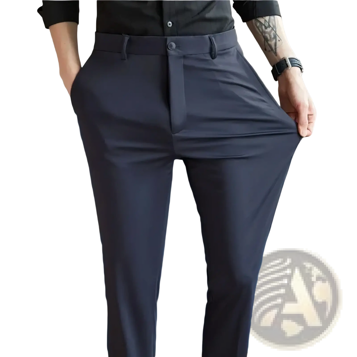 Dark navy blue men’s summer stretch casual trousers with a sleek modern cut and subtle creases
