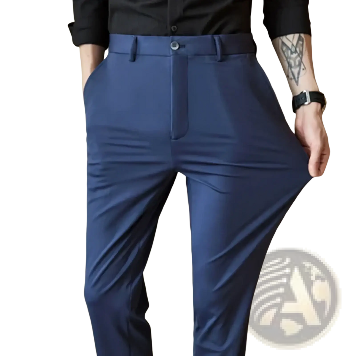 Men’s summer stretch casual trousers in navy blue with a modern tailored cut and subtle creasing for comfort and style