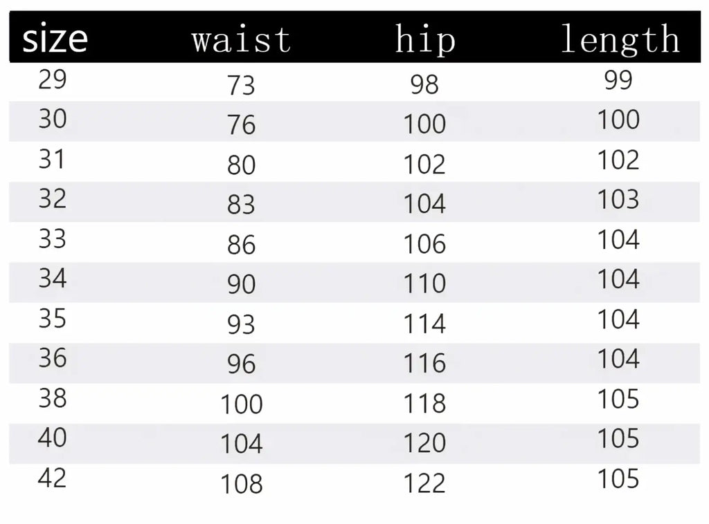 Size chart for men’s summer stretch casual trousers showing waist hip and length measurements in inches