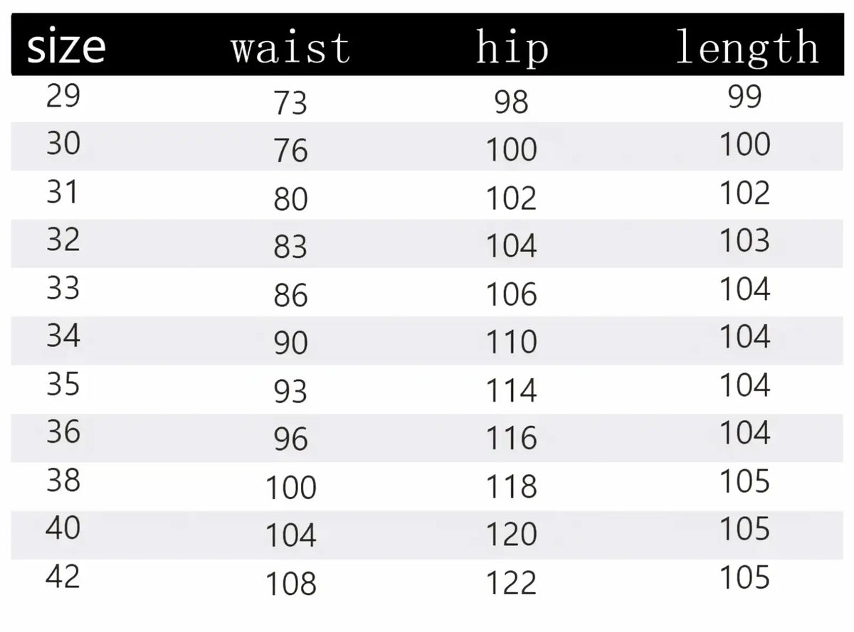 Size chart for men’s summer stretch casual trousers showing waist hip and length measurements in inches