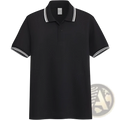 Men’s black short-sleeved summer polo shirt with white double striped trim on collar and sleeve cuffs