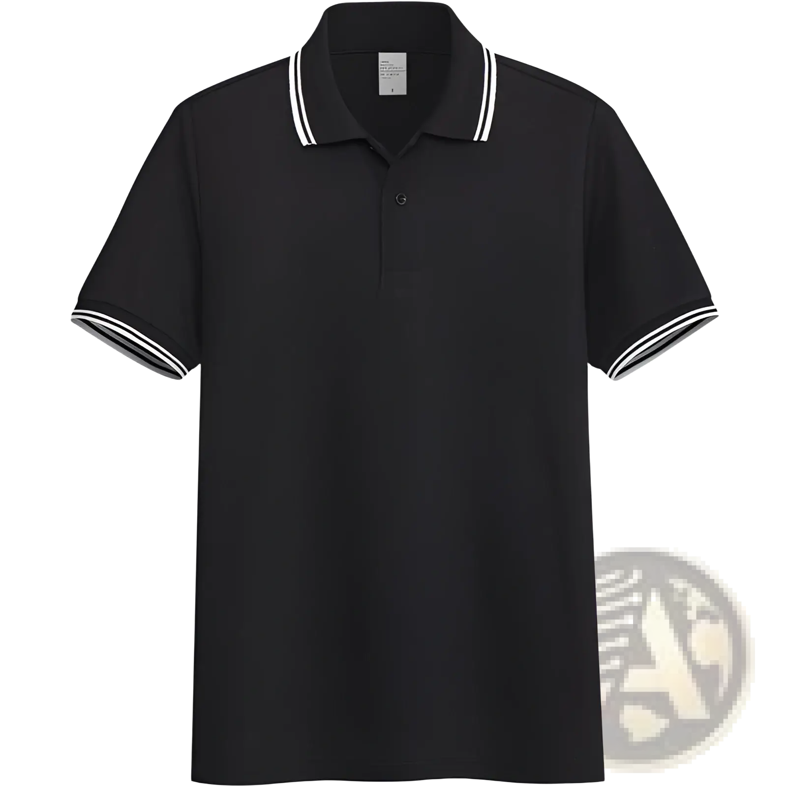 Men’s black short-sleeved summer polo shirt with white double striped trim on collar and sleeve cuffs