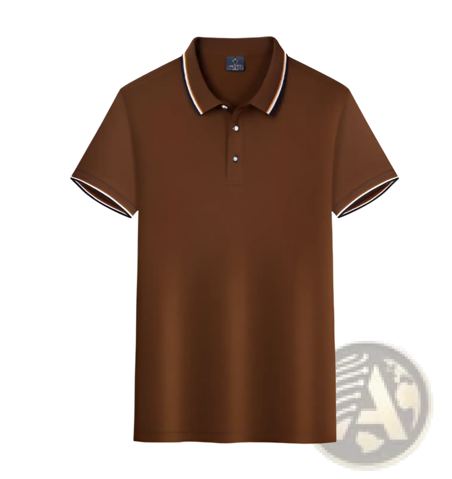 Men’s summer striped trim stand collar polo shirt in brown with white and black contrasting collar and sleeve cuffs