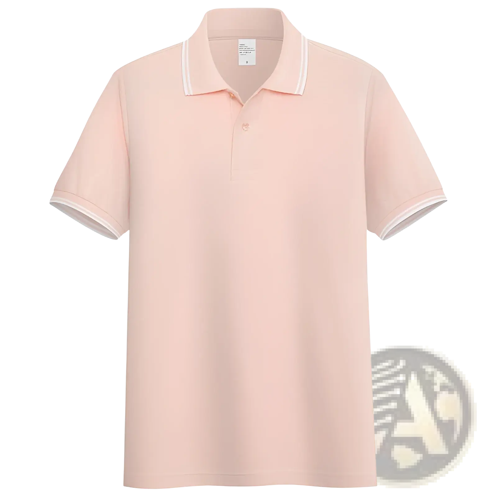 Men’s summer polo shirt in soft blush pink with white striped trim on collar and sleeve cuffs for casual wear