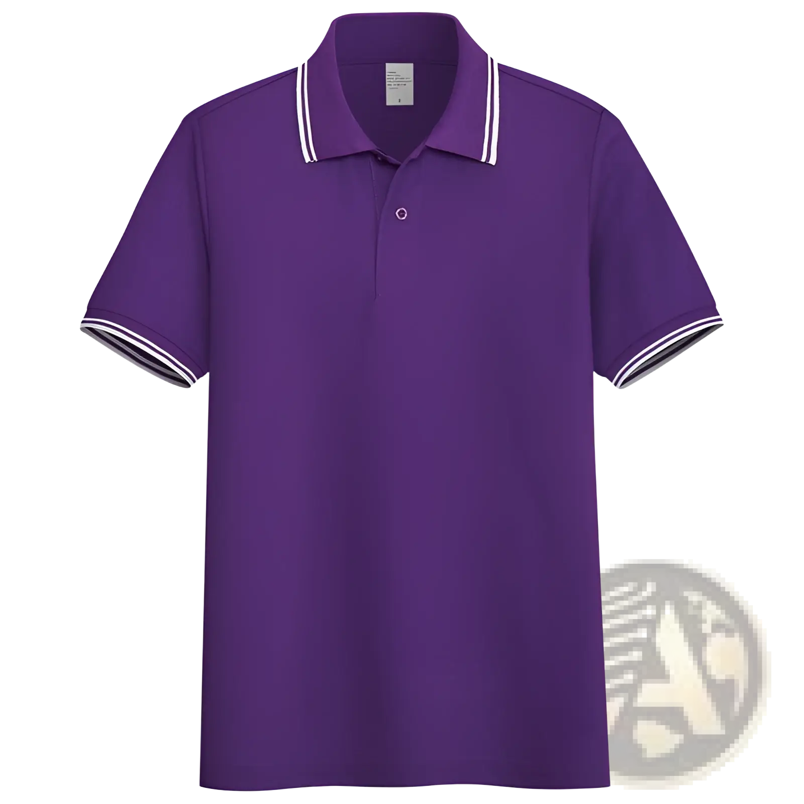 Men’s summer purple polo shirt with white and black striped trim on collar and sleeve cuffs for casual wear