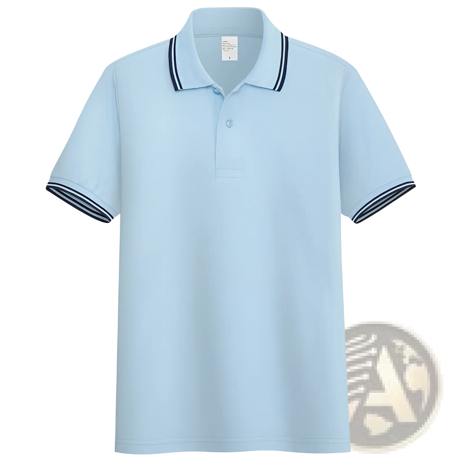 Men’s light blue summer polo shirt with navy striped trim on collar and sleeve cuffs for casual wear
