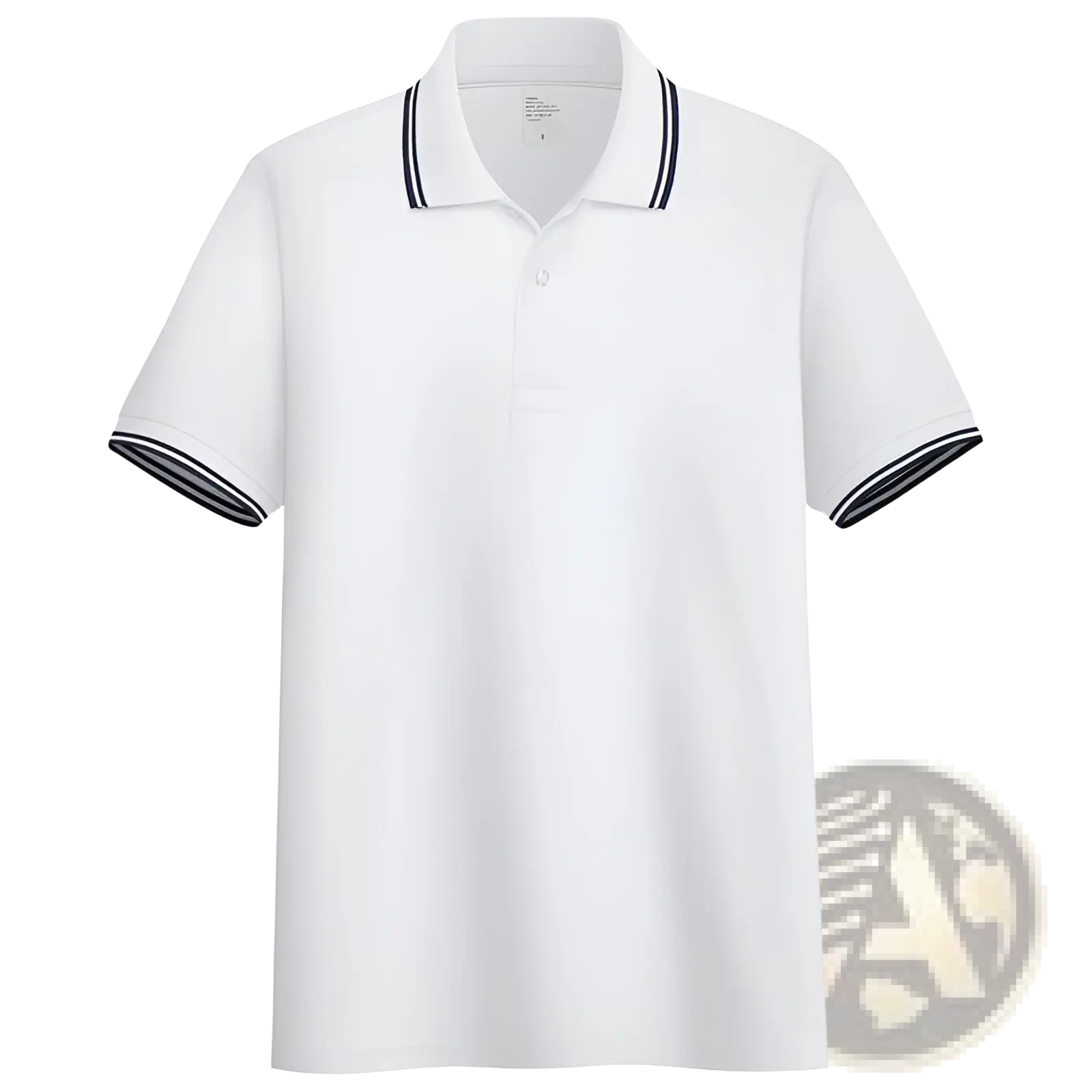 Men’s white summer polo shirt with navy blue and white striped trim on collar and sleeve cuffs for casual wear