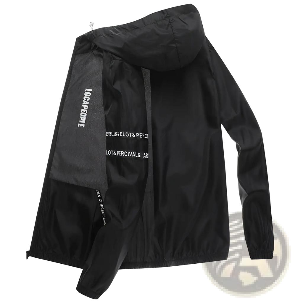 Mens sun protection windbreaker jacket in black lightweight fabric with subtle sheen and white text branding inside lining