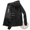 Mens sun protection windbreaker jacket in black lightweight fabric with subtle sheen and white text branding inside lining