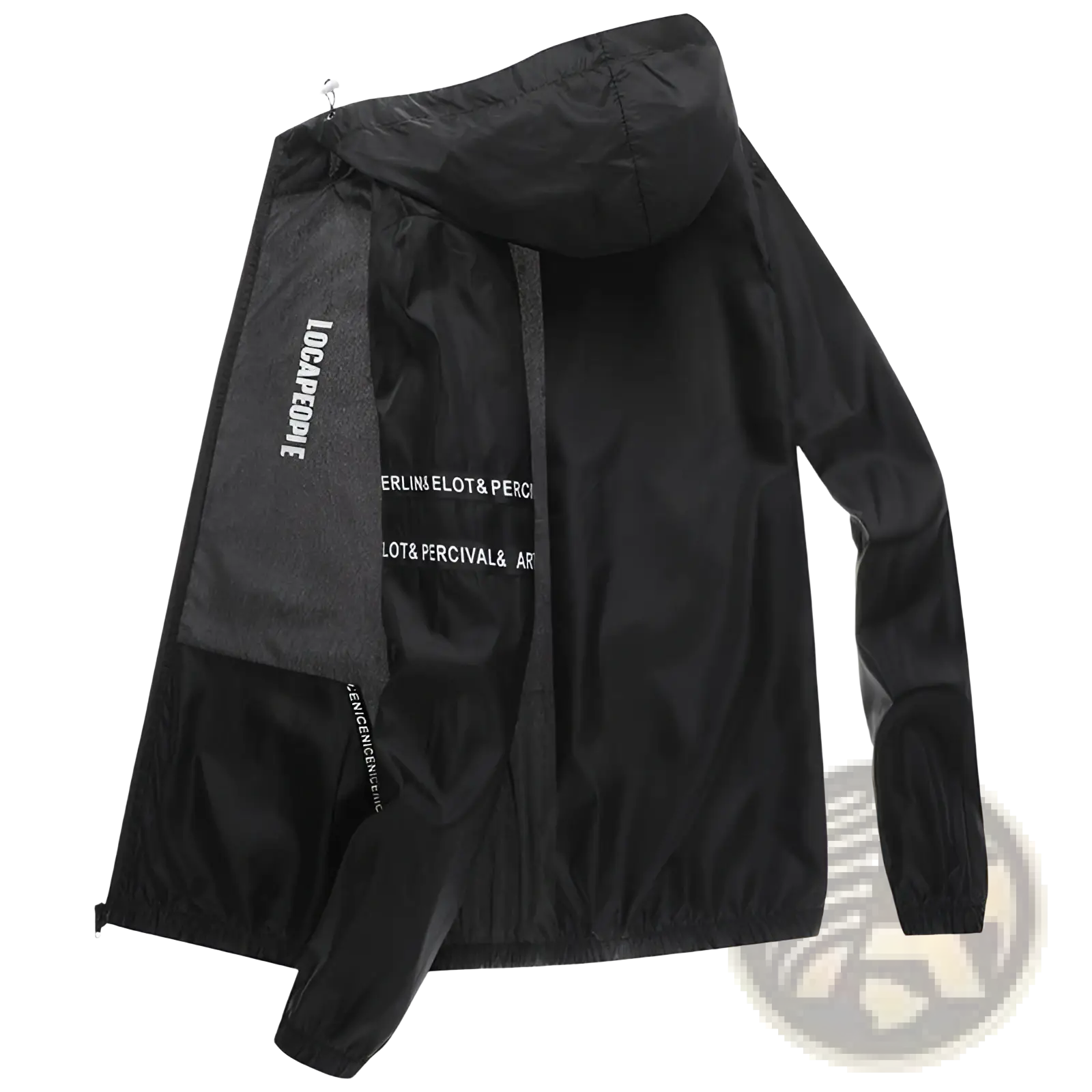 Mens sun protection windbreaker jacket in black lightweight fabric with subtle sheen and white text branding inside lining