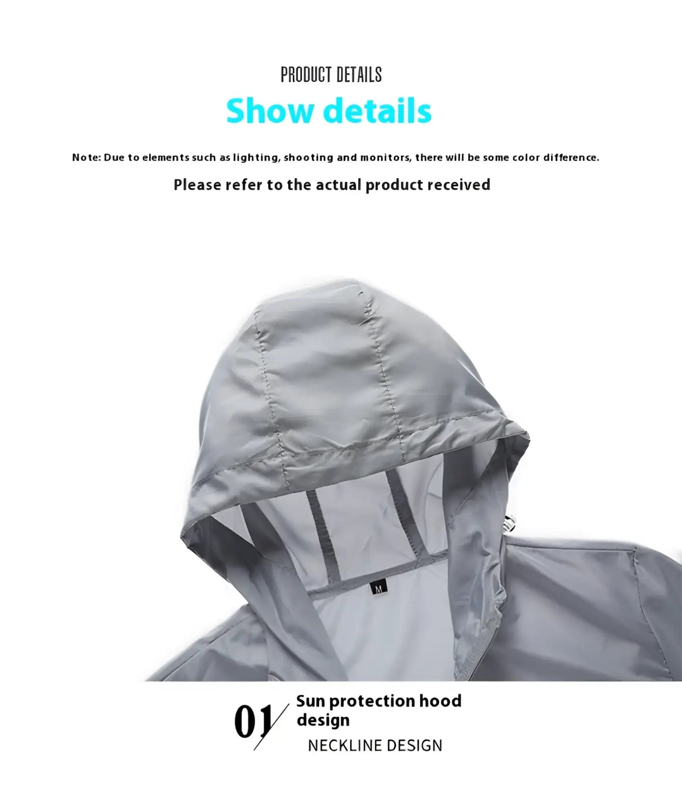 Gray mens sun protection windbreaker jacket with waterproof hood and reflective inner lining and necklining detail