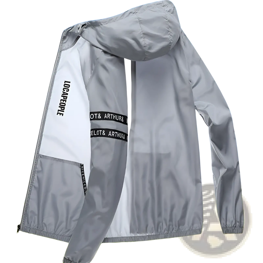 Mens sun protection windbreaker jacket in gray and white lightweight fabric with black text branding on the sleeves