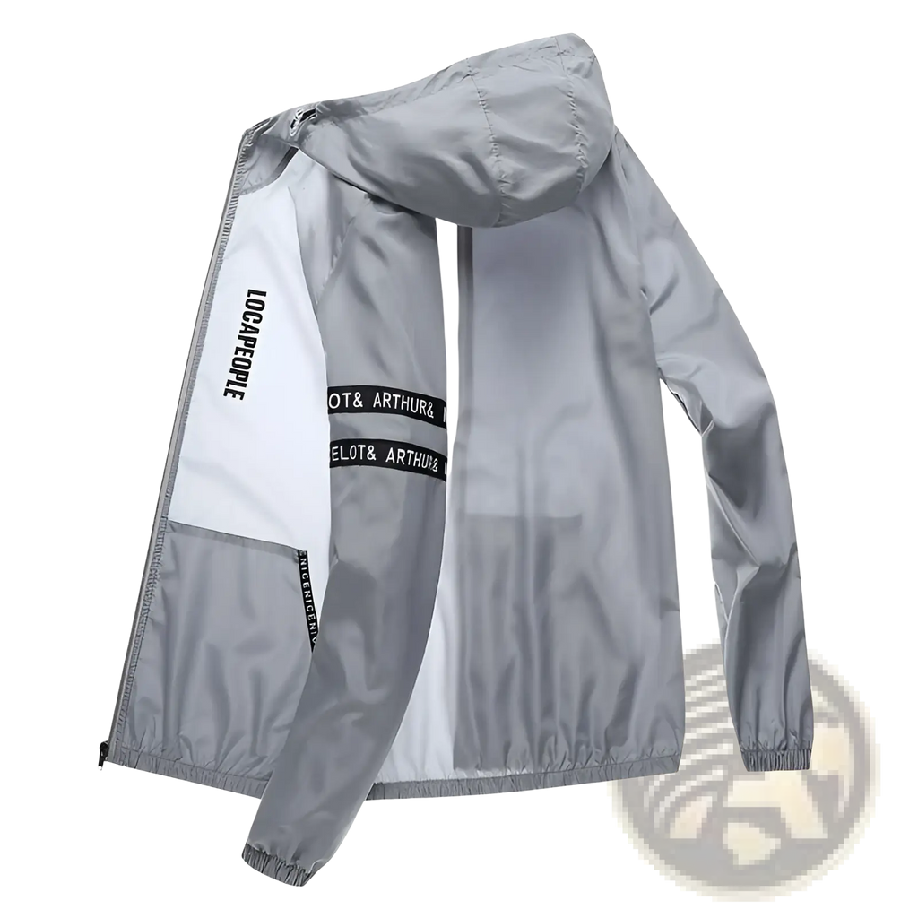 Mens sun protection windbreaker jacket in gray and white hooded design with black text branding on the sleeves