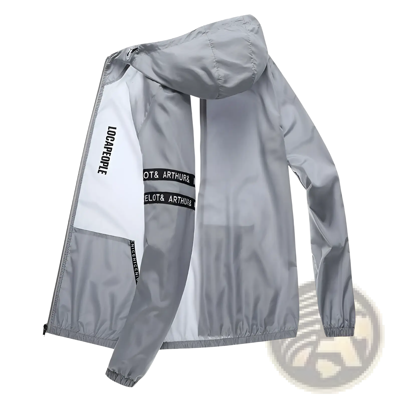 Mens sun protection windbreaker jacket in gray and white hooded design with black text branding on the sleeves