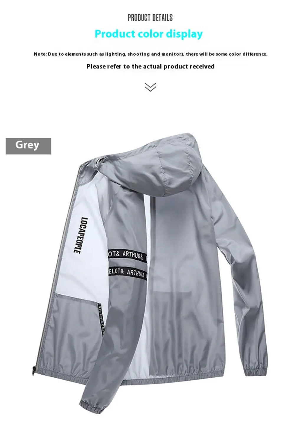 Mens sun protection windbreaker jacket with grey lightweight hooded design white panels and black text branding on sleeves