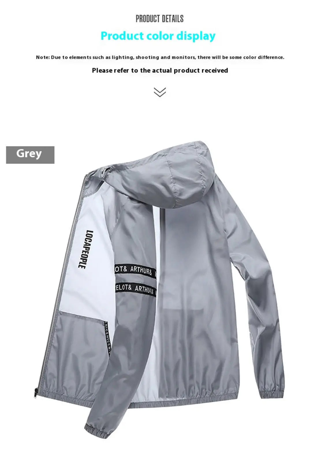 Mens sun protection windbreaker jacket with grey lightweight hooded design white panels and black text branding on sleeves