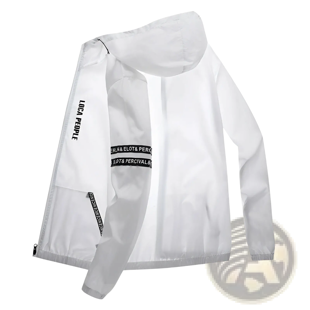 Mens sun protection windbreaker jacket in white lightweight fabric with black text and zipper accents