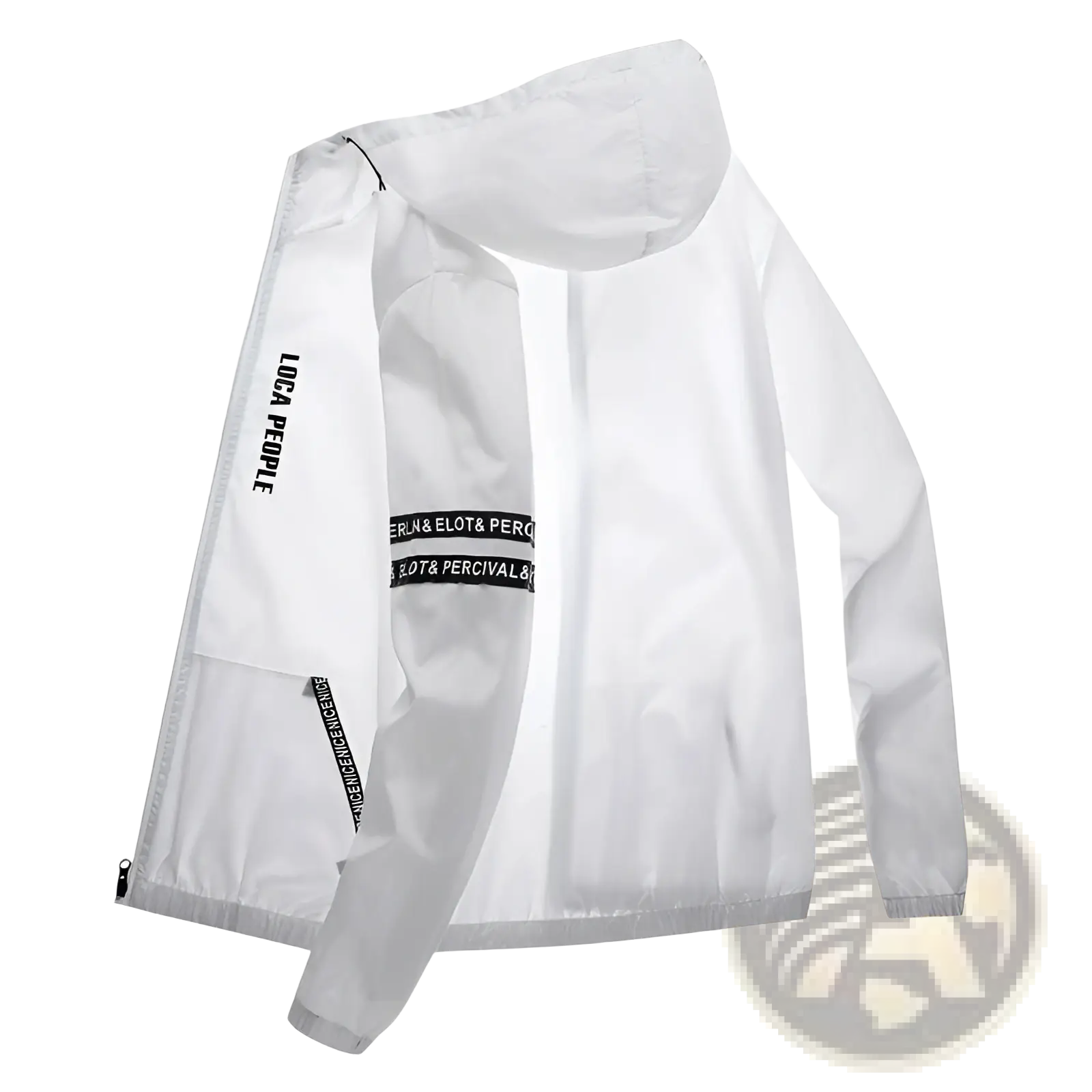Mens sun protection windbreaker jacket in white lightweight fabric with black text and zipper accents