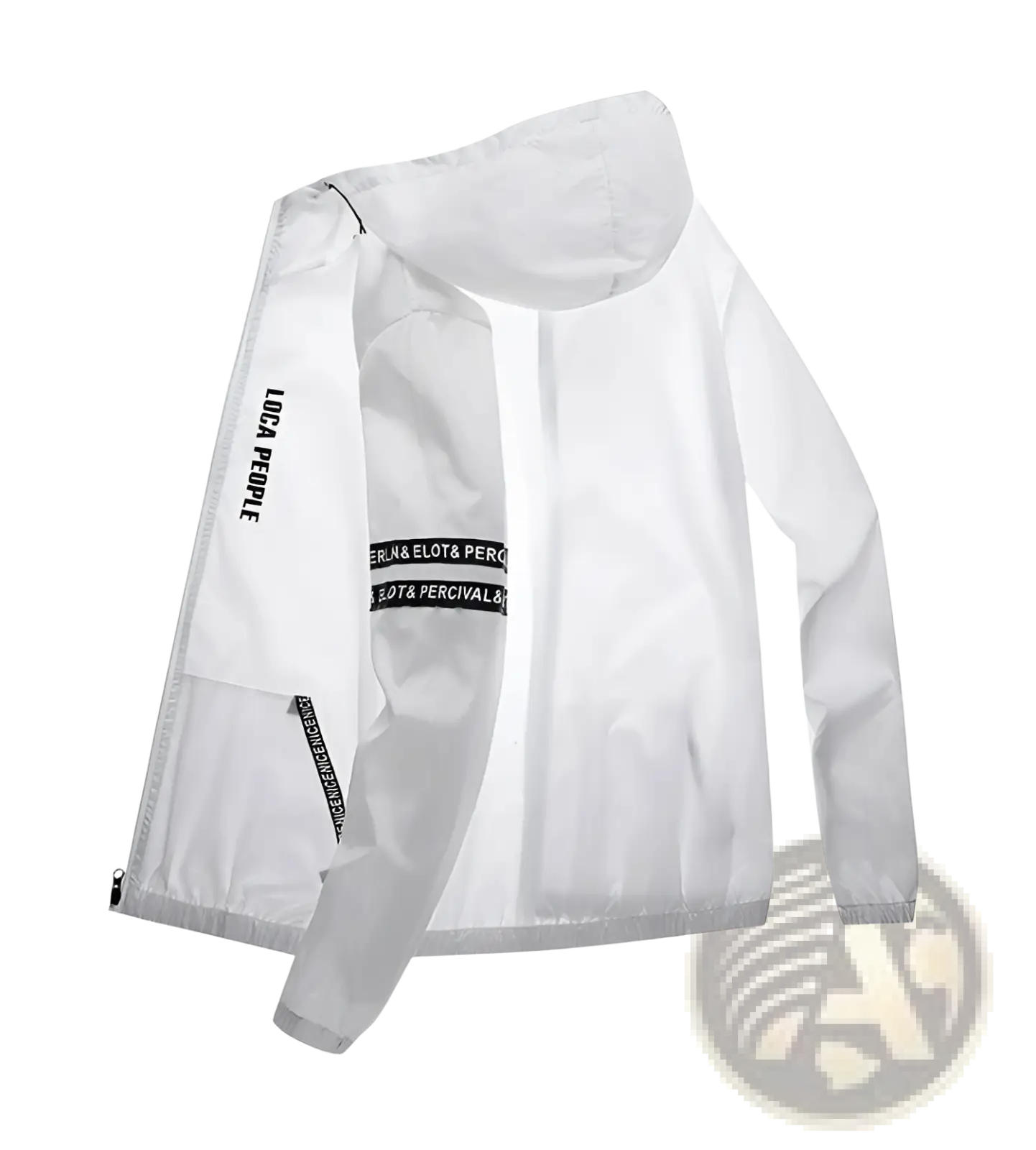Mens sun protection windbreaker jacket in white lightweight fabric with black text branding on sleeves and zipper pull
