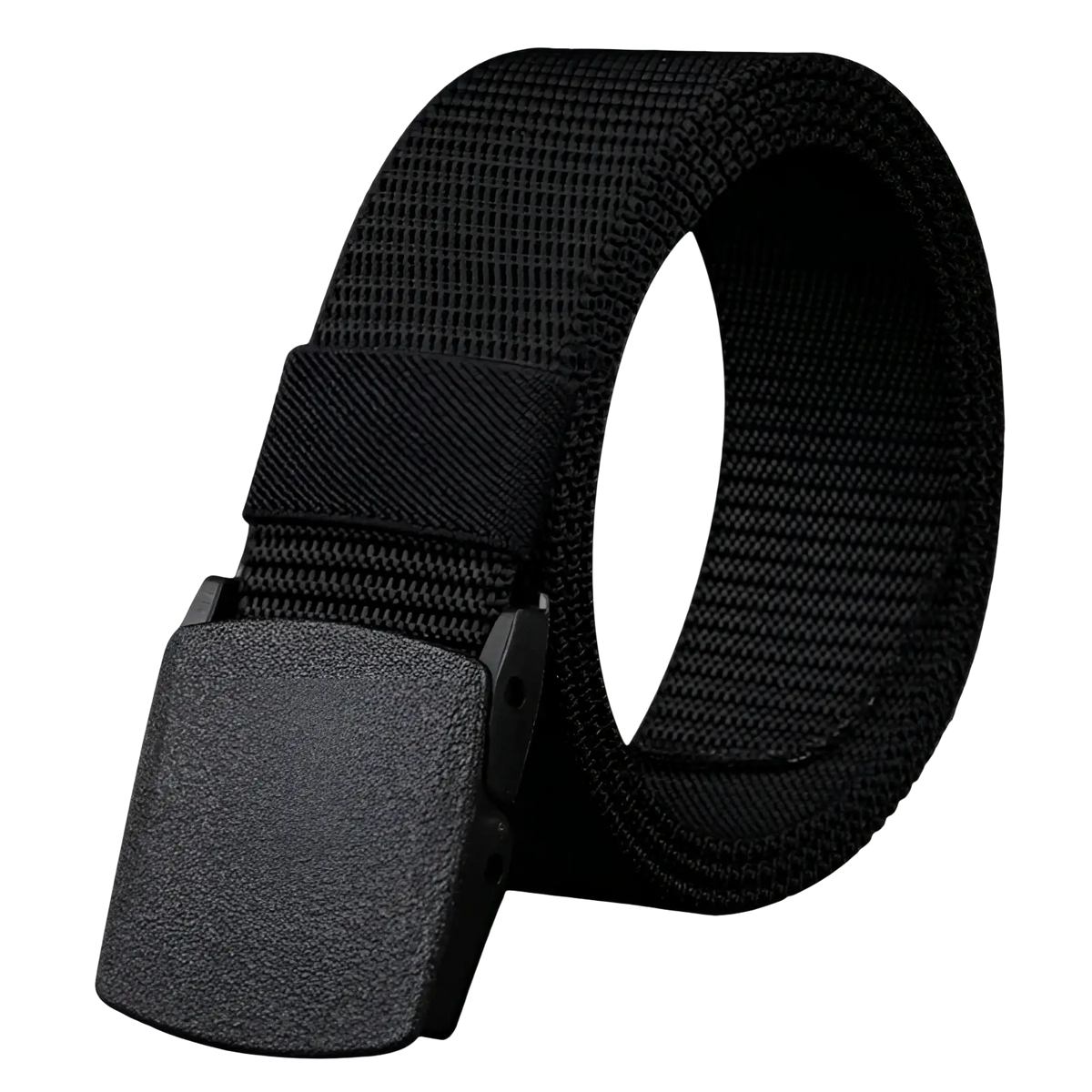 Mens tactical canvas belt in black with lightweight automatic matte black textured buckle for secure fit