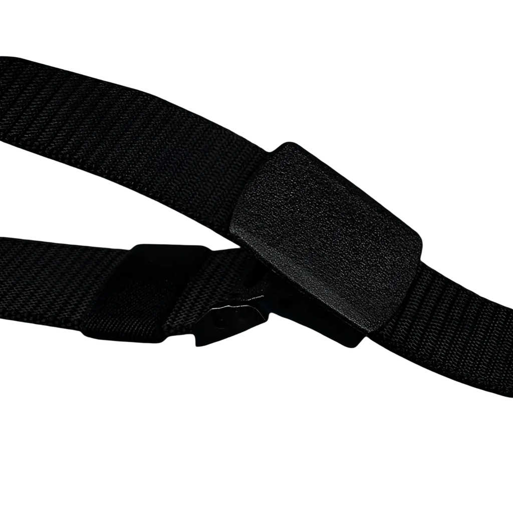 Mens tactical canvas belt in black with lightweight woven nylon strap and textured matte-finish plastic buckle