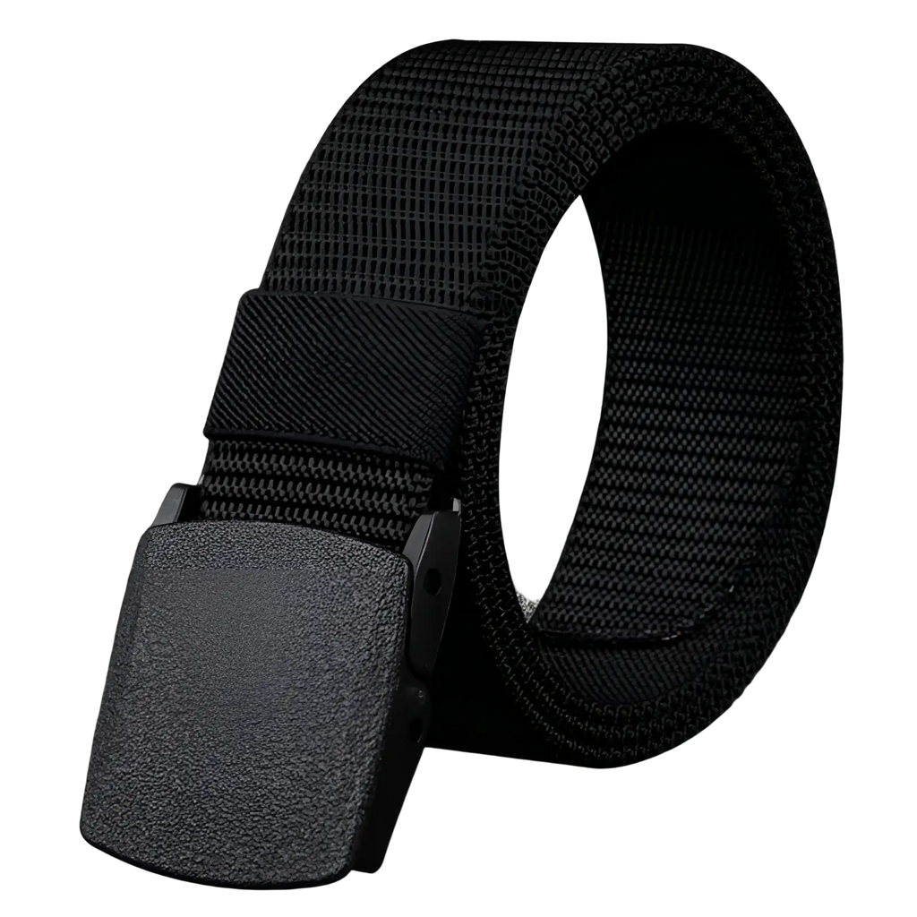 Mens tactical canvas belt in black with lightweight woven nylon strap and textured matte finish plastic buckle