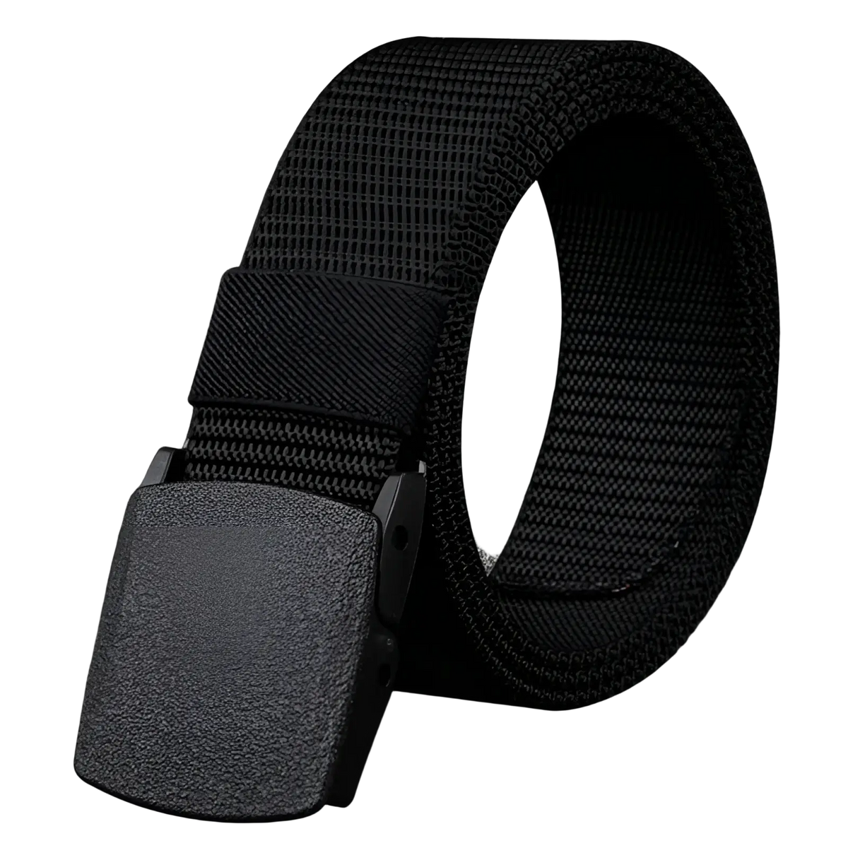 Mens tactical canvas belt in black with lightweight woven nylon strap and textured matte finish plastic buckle