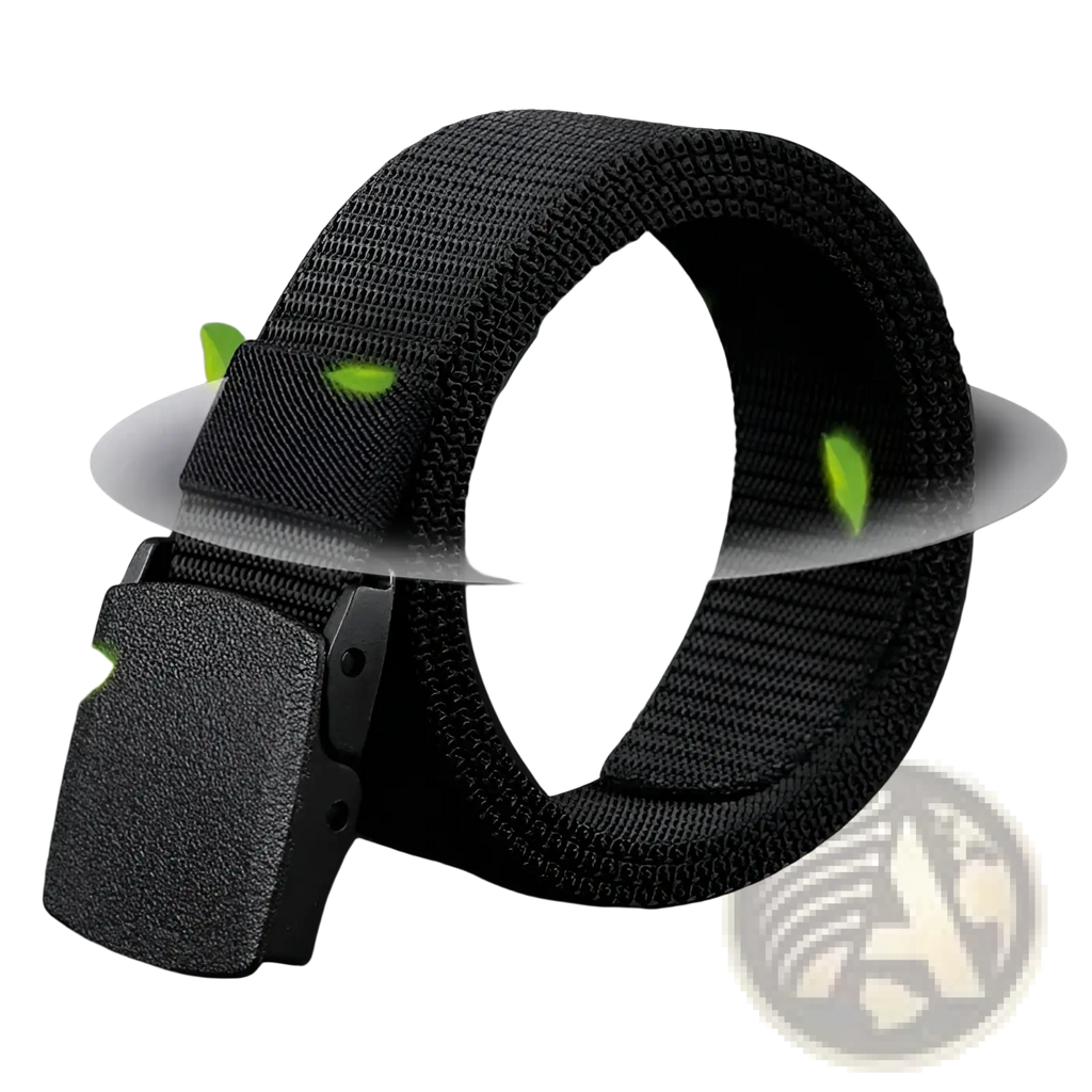 Mens tactical canvas belt in black with lightweight automatic matte black plastic buckle for secure fit