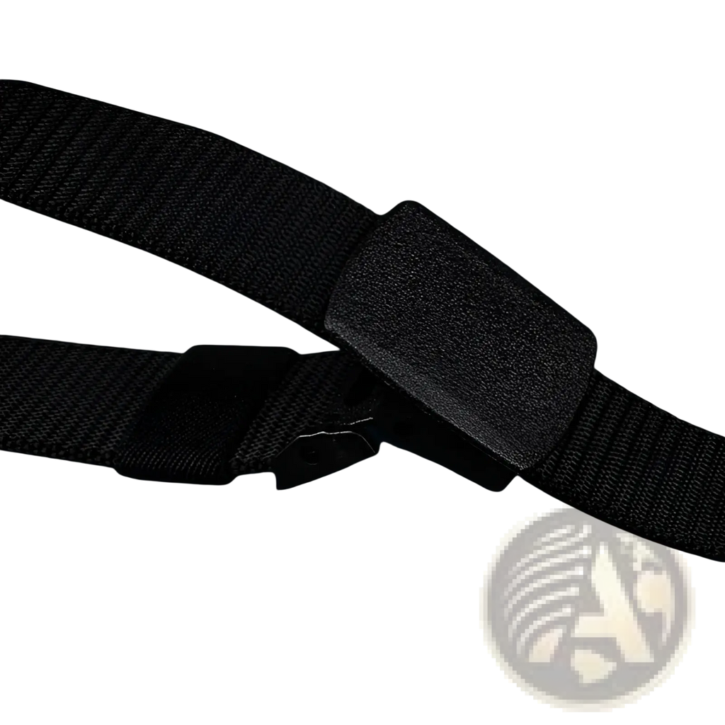 Mens tactical canvas belt in black with lightweight woven nylon strap and textured matte-finish plastic buckle