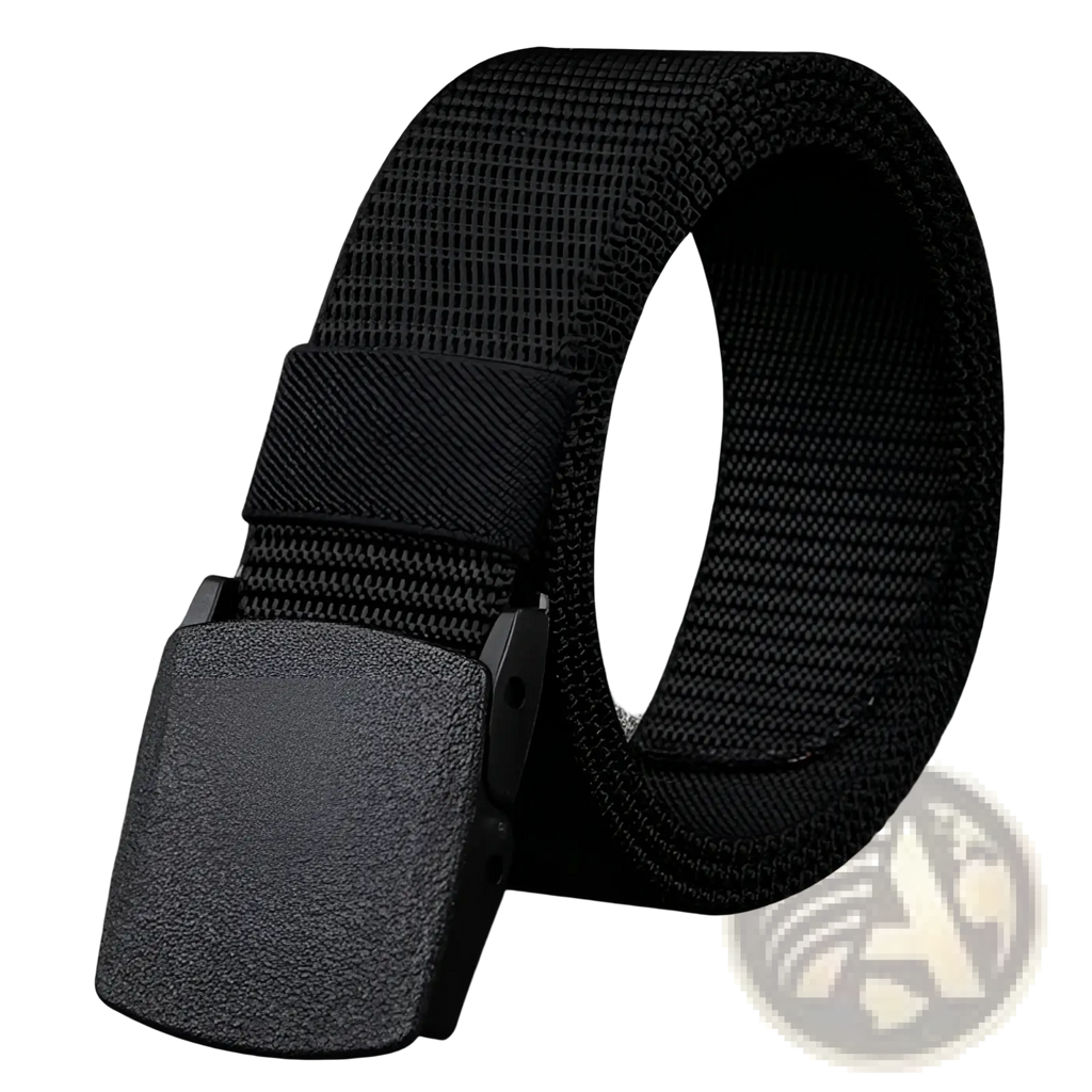 Mens tactical canvas belt in black with lightweight woven nylon strap and textured matte finish automatic plastic buckle
