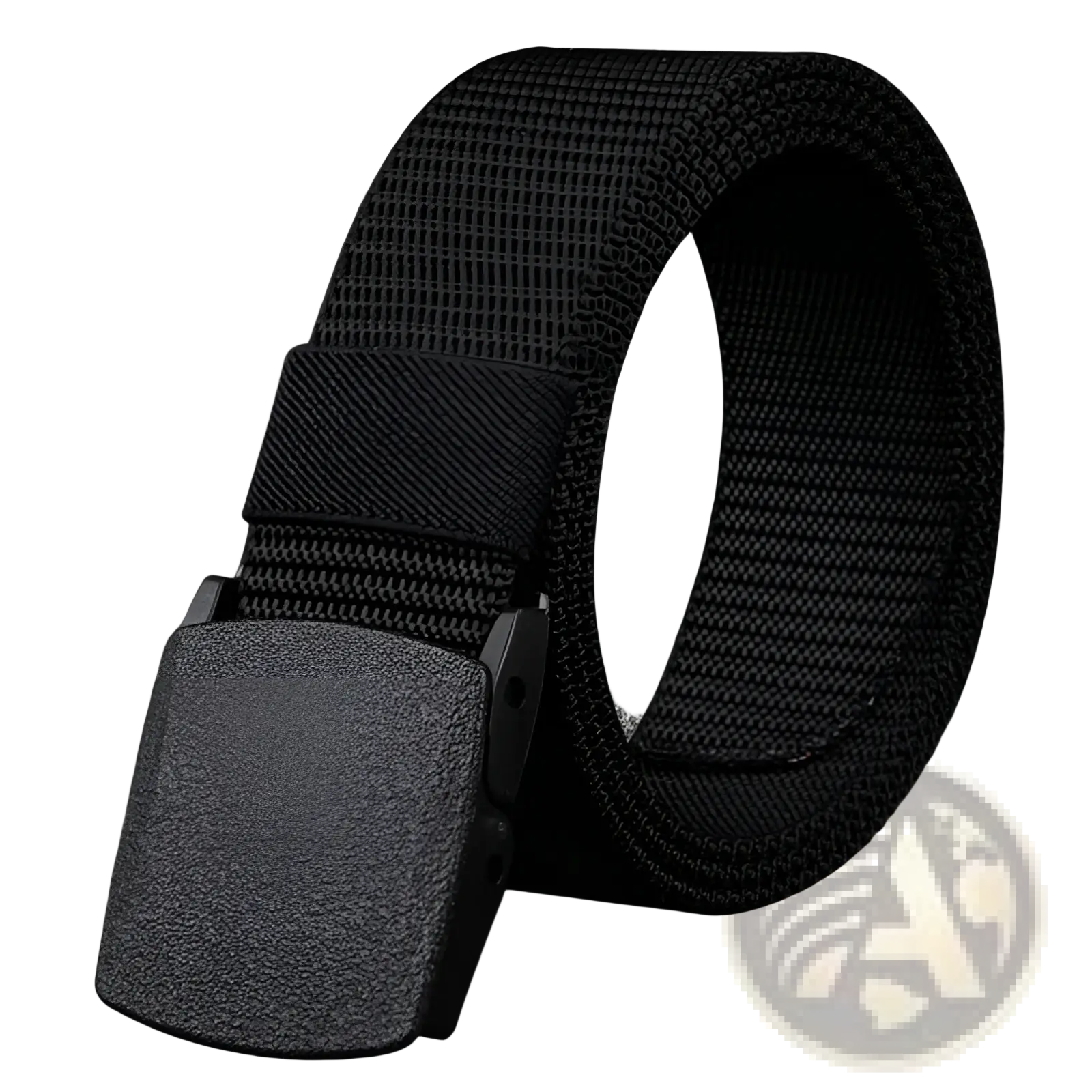 Mens tactical canvas belt in black with lightweight woven nylon strap and textured matte finish automatic plastic buckle