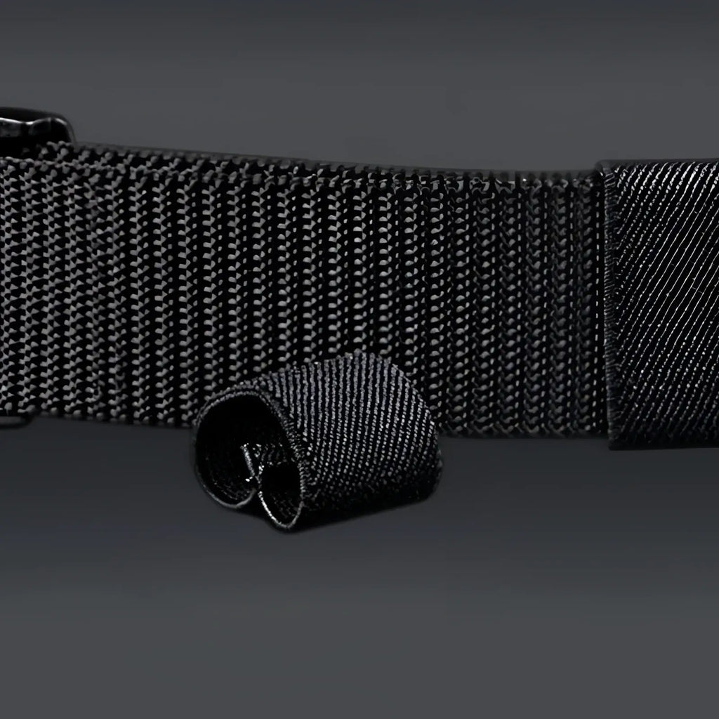 Black mens tactical canvas belt strap made of woven nylon with lightweight automatic buckle and textured weave