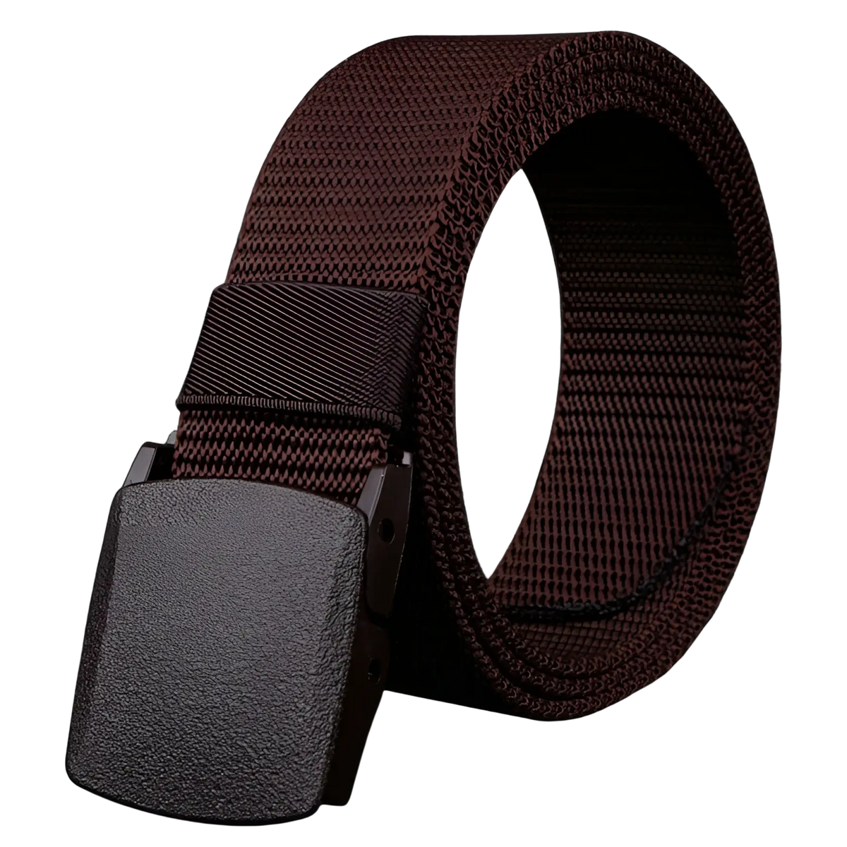 Mens tactical canvas belt in brown with lightweight automatic buckle featuring a textured matte plastic finish