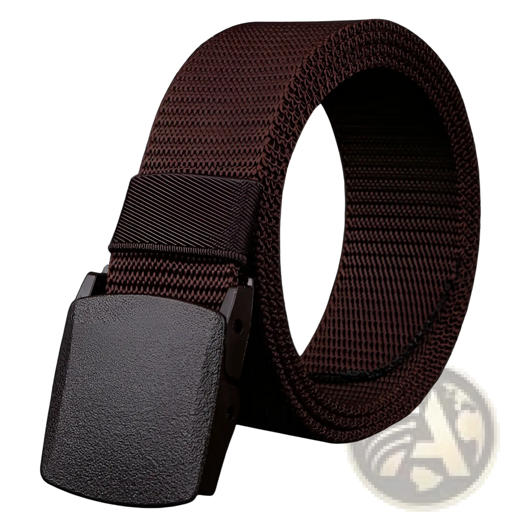 Mens tactical canvas belt in brown with a lightweight automatic buckle featuring textured matte-finish plastic
